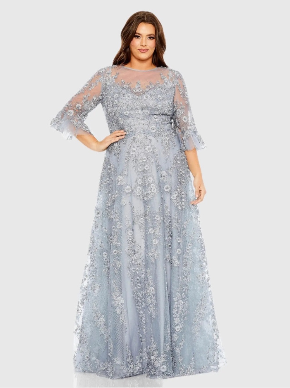Mac Duggal Flutter Sleeve Embroidered Gown Platinum 20471 Sz 24W 24 NWT $798